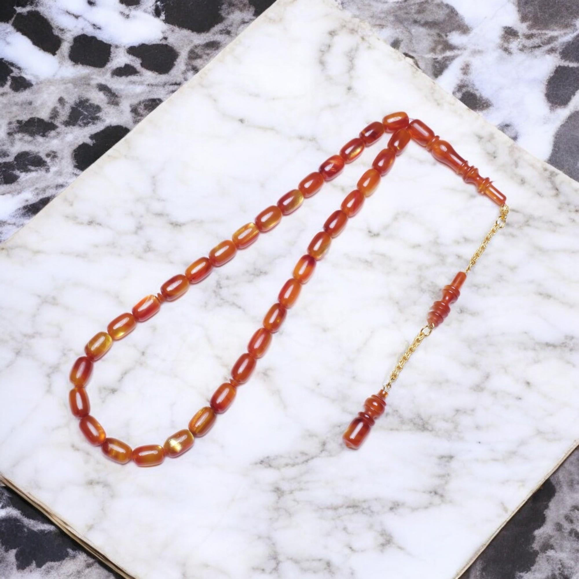 Kırmızı Sarı Parlak Hareli Kapsül Kesim Sıkma Kehribar Tesbih (12x8 mm)