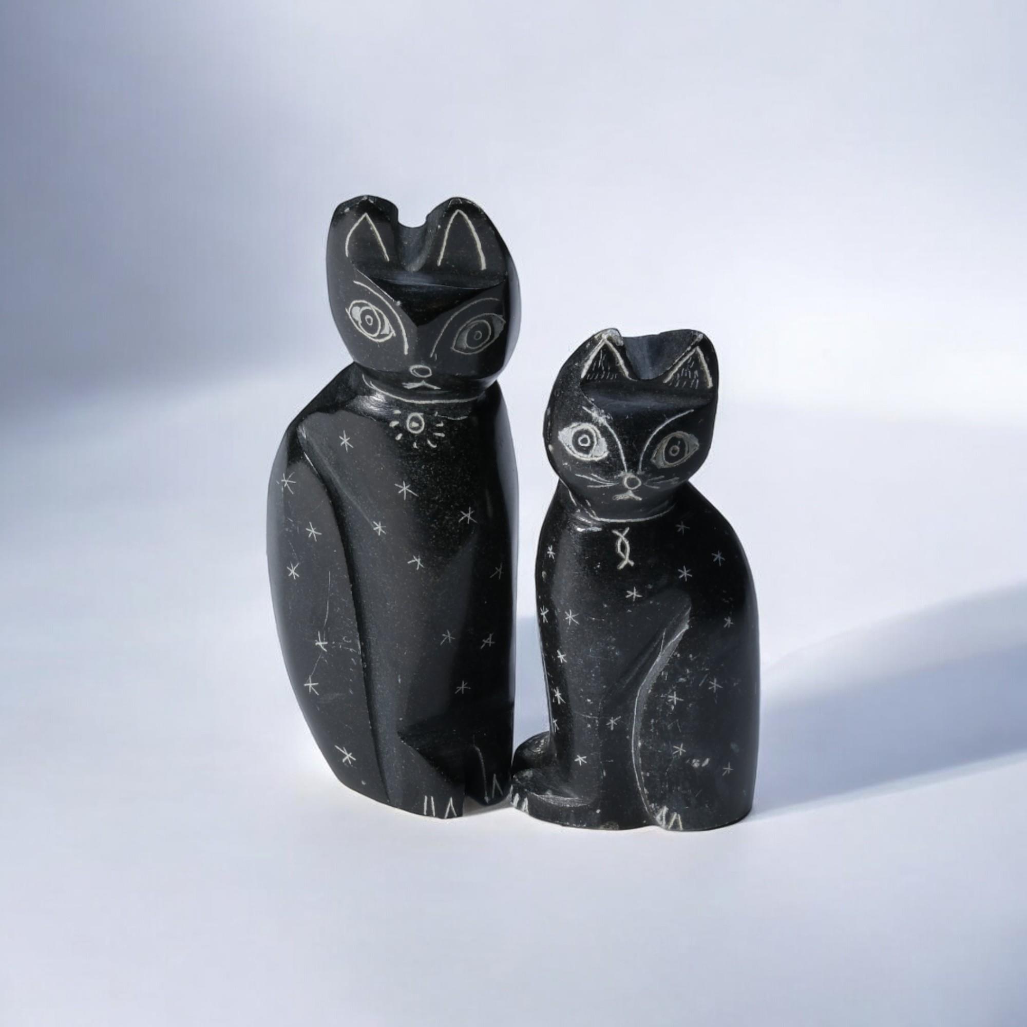 Serpantin Taşından El Yapımı Kedi Heykel Çifti
