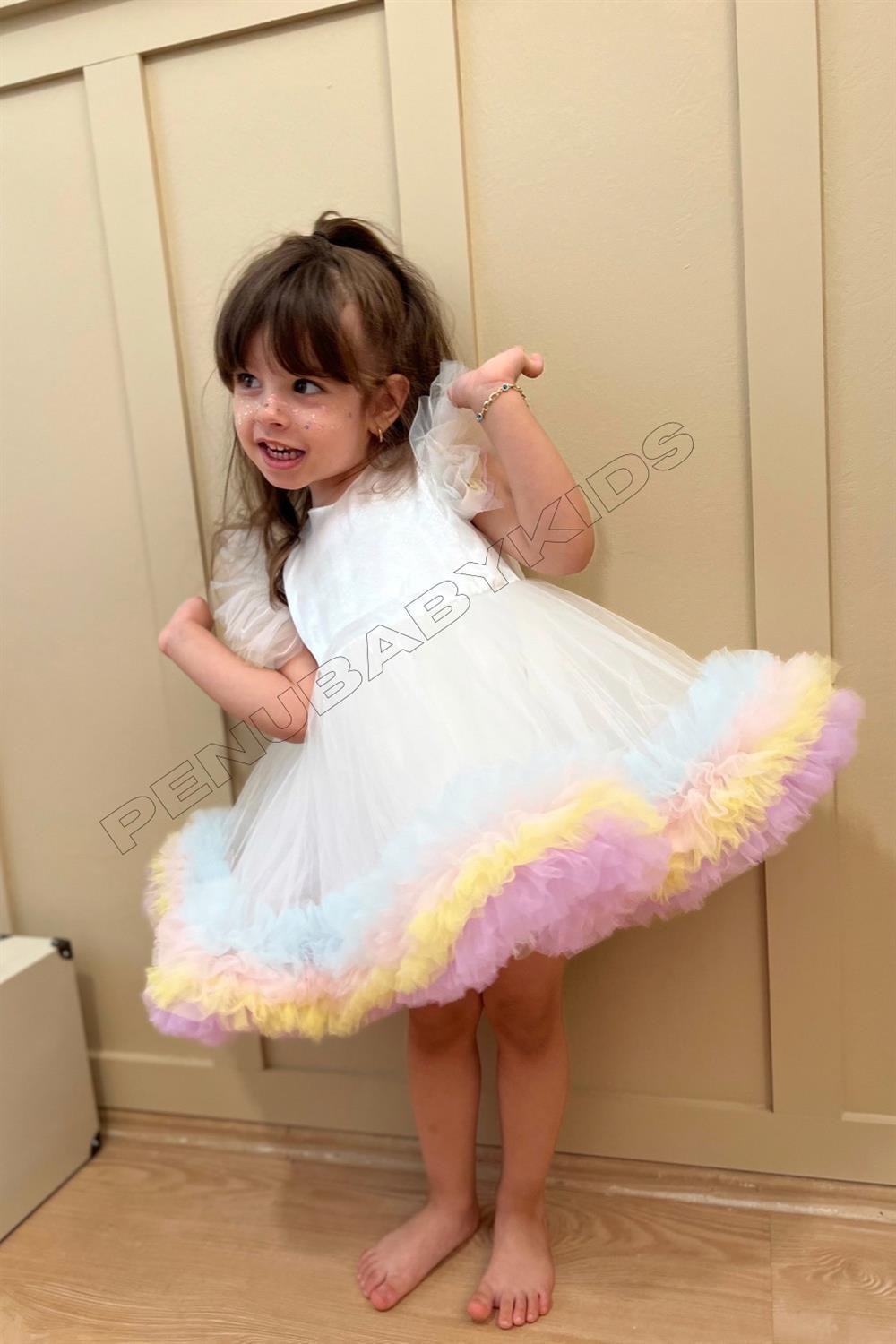 Beyaz Karnaval Renkli Tül Detaylı Kız Bebek Elbise - Alice