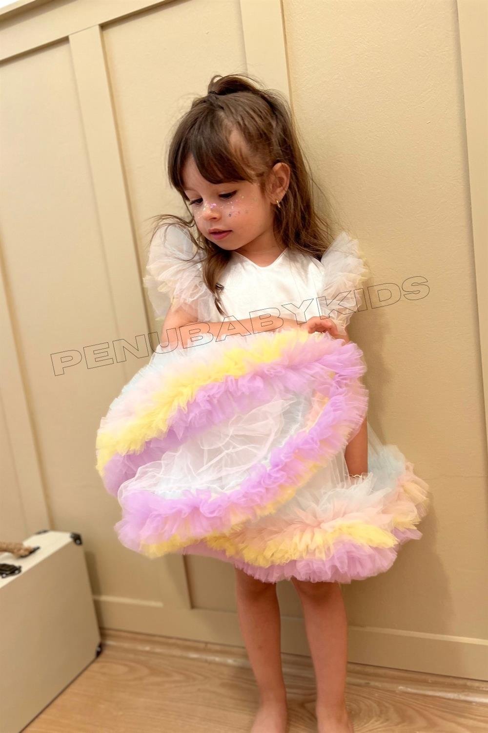 Beyaz Karnaval Renkli Tül Detaylı Kız Bebek Elbise - Alice
