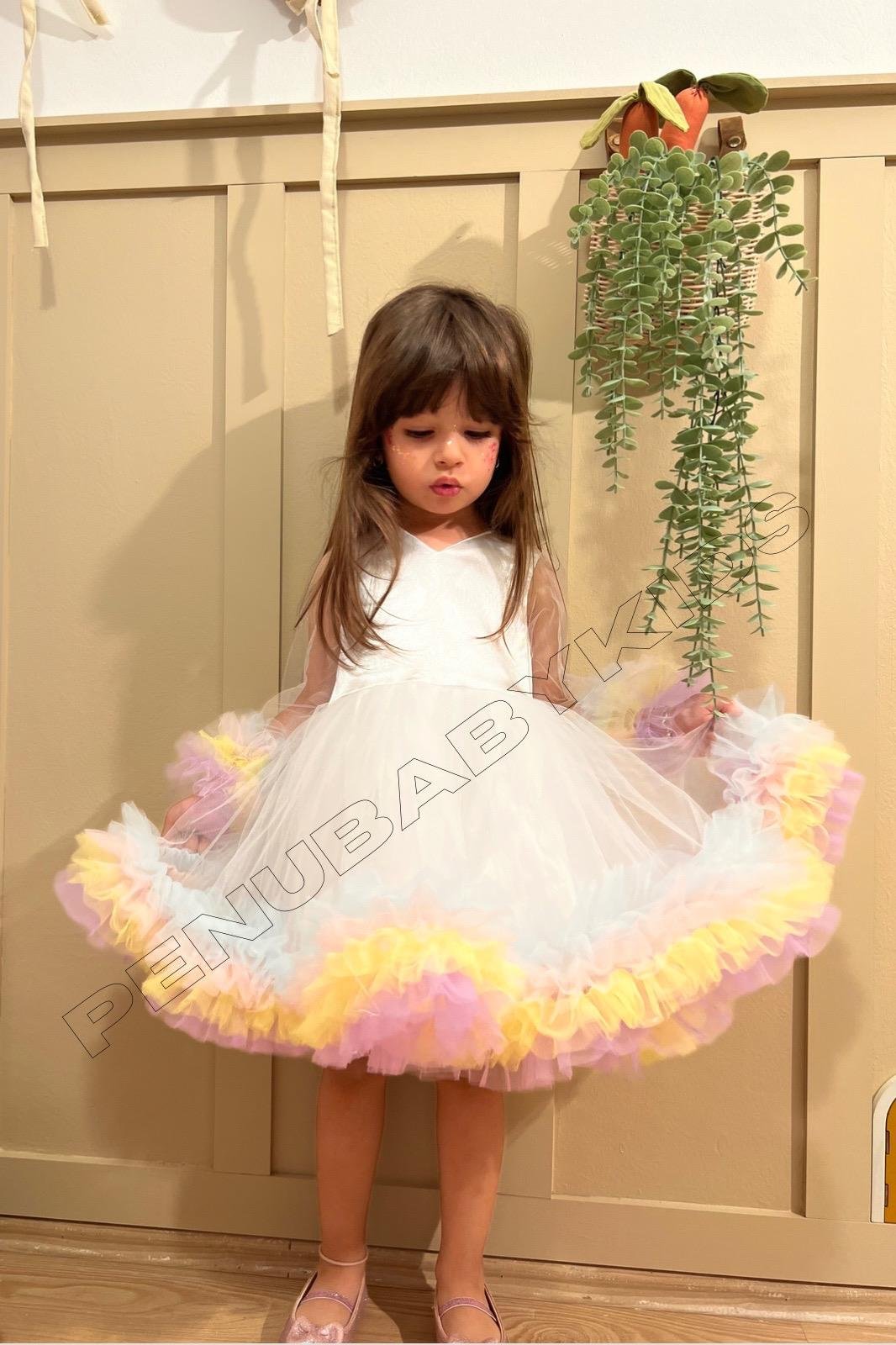 Beyaz Karnaval Uzun Kol Tül Detaylı Kız Bebek Elbise - Alice