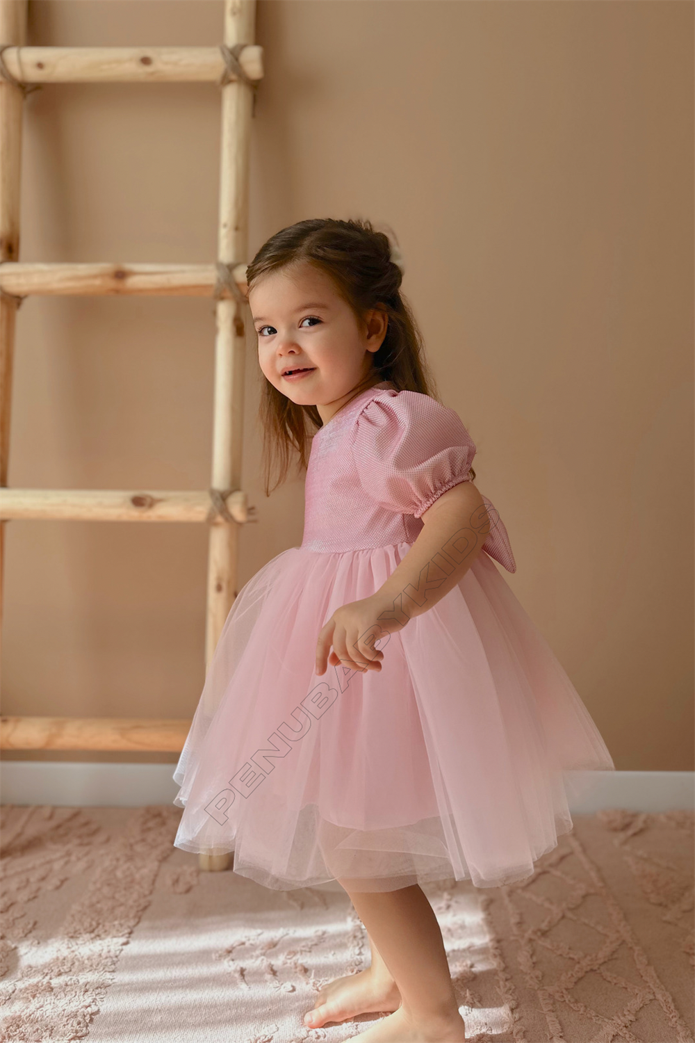 Pembe Kısa Balon Kumaş Kol Kız Bebek Elbise - Cinderella