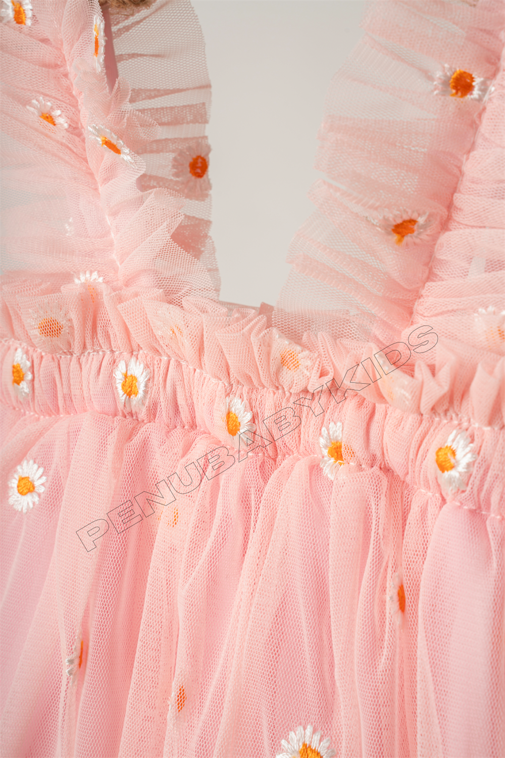 Pembe Papatya İşlemeli Askılı Kız Bebek Elbise - Daisy