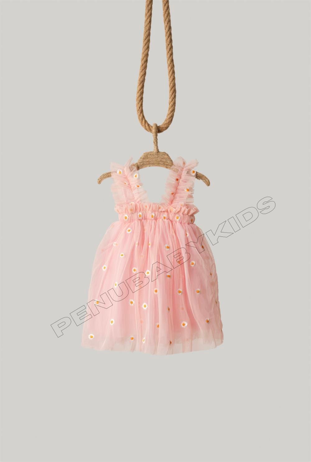 Pembe Papatya İşlemeli Askılı Kız Bebek Elbise - Daisy