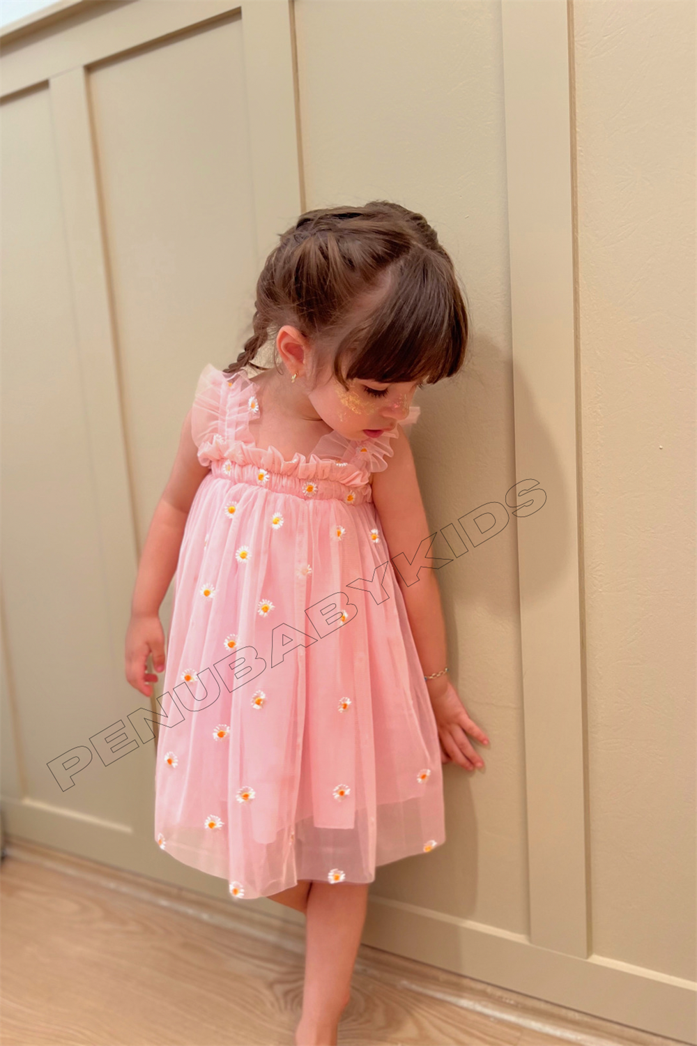 Pembe Papatya İşlemeli Askılı Kız Bebek Elbise - Daisy