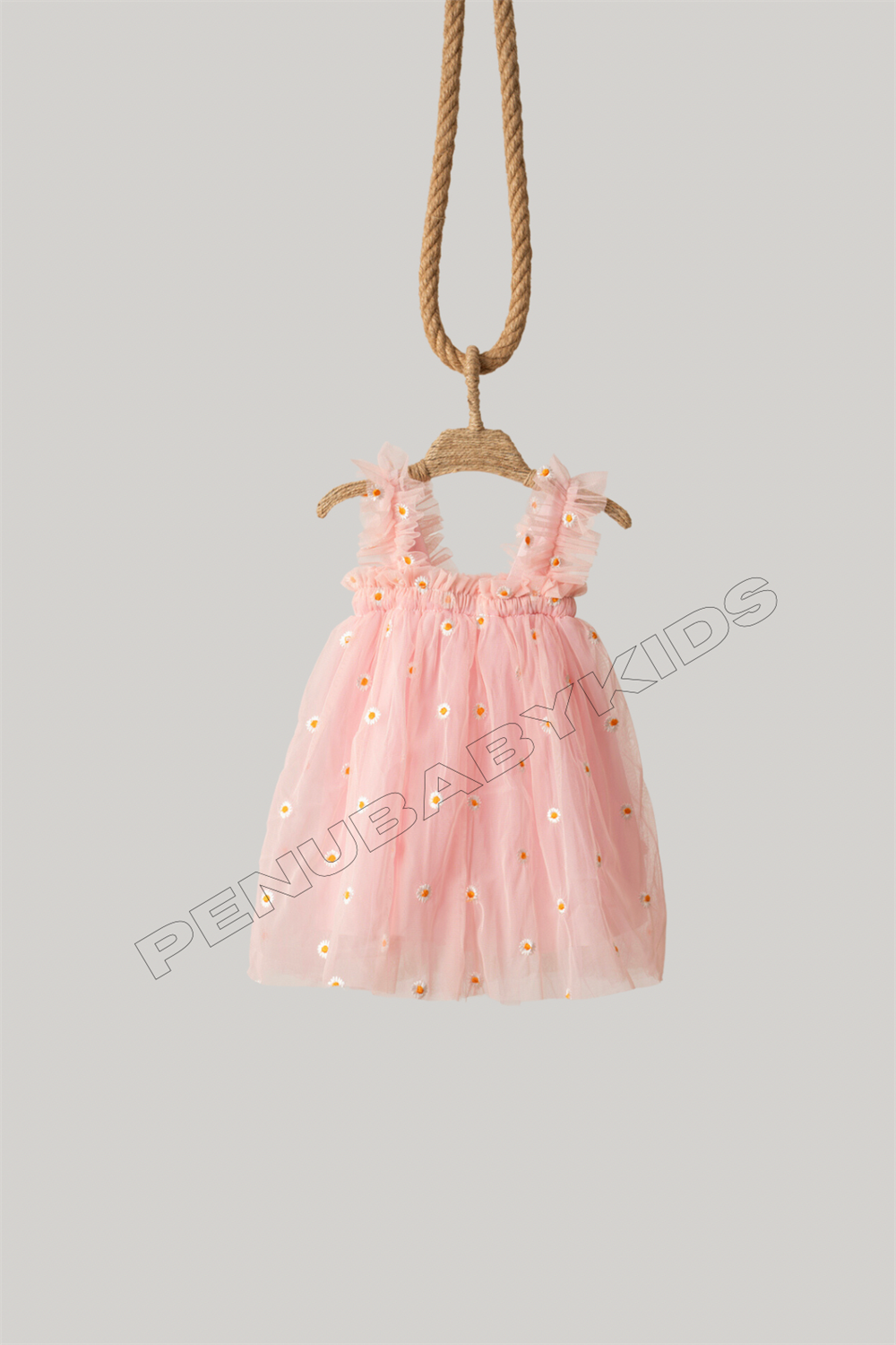 Pembe Papatya İşlemeli Askılı Kız Bebek Elbise - Daisy