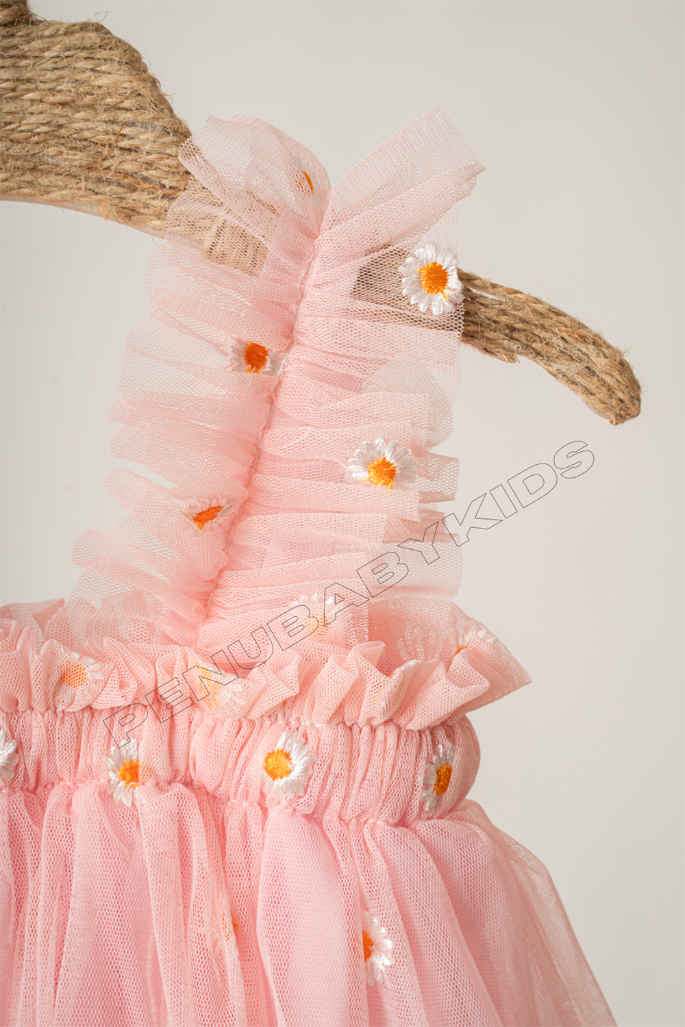 Pembe Papatya İşlemeli Askılı Kız Bebek Elbise - Daisy