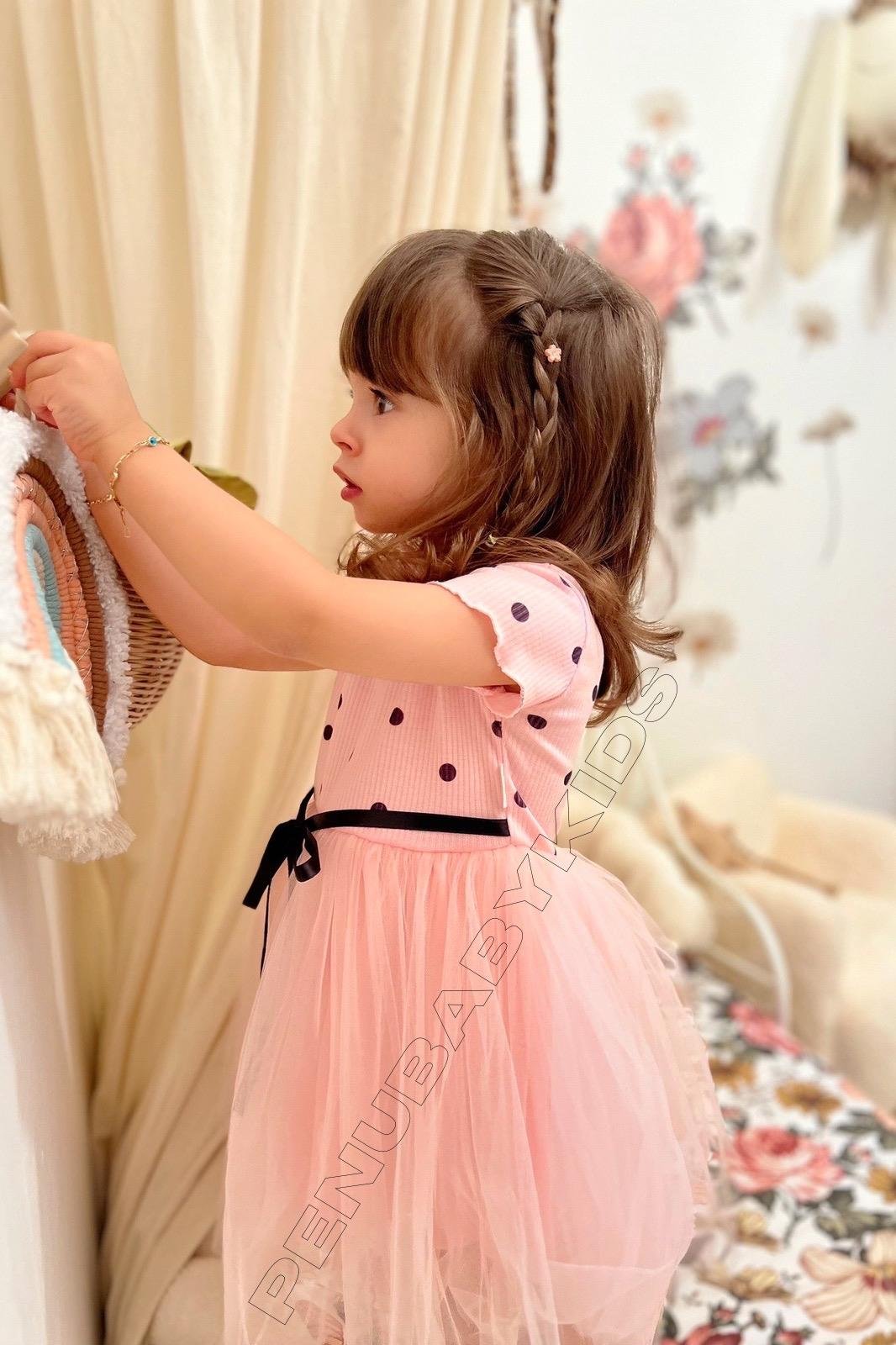 Pembe Puantiyeli Tütülü Kız Bebek Elbise - Emily