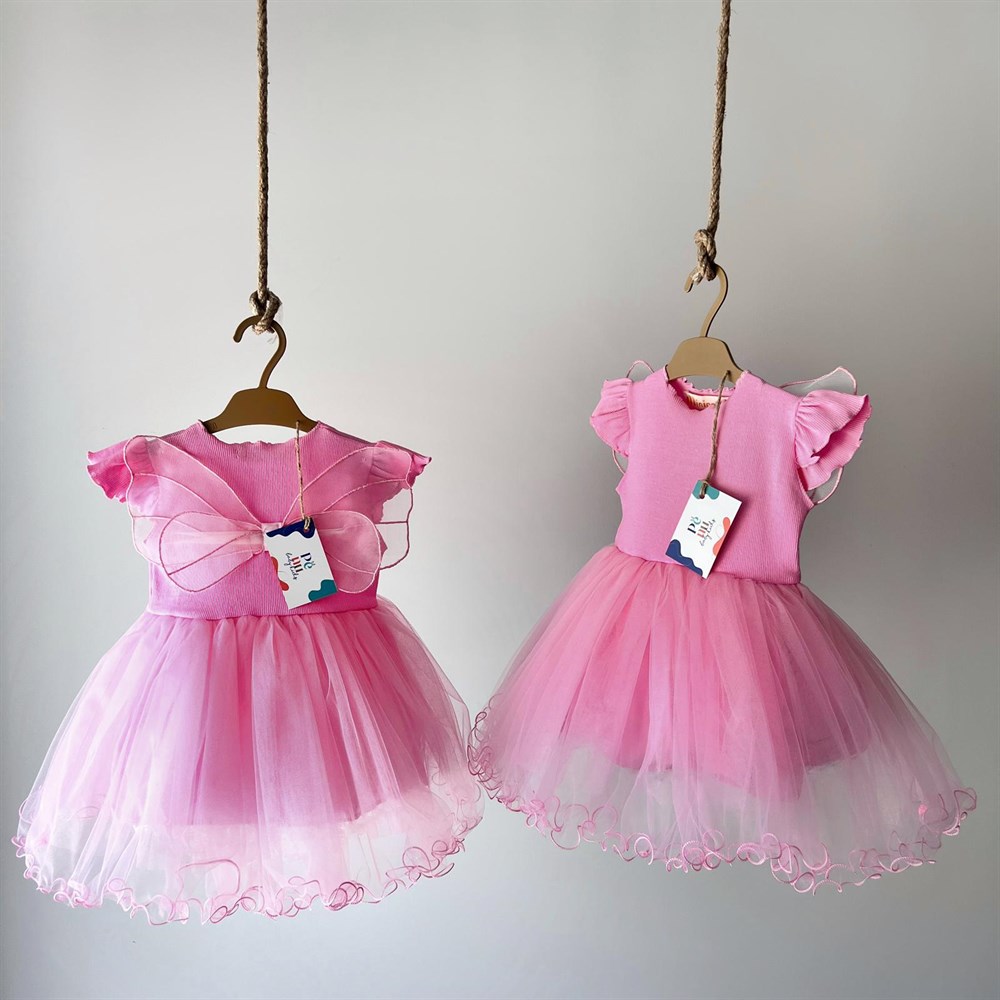 Pembe Renkli Kelebek Kanatlı Tütü Elbise - Butterfly