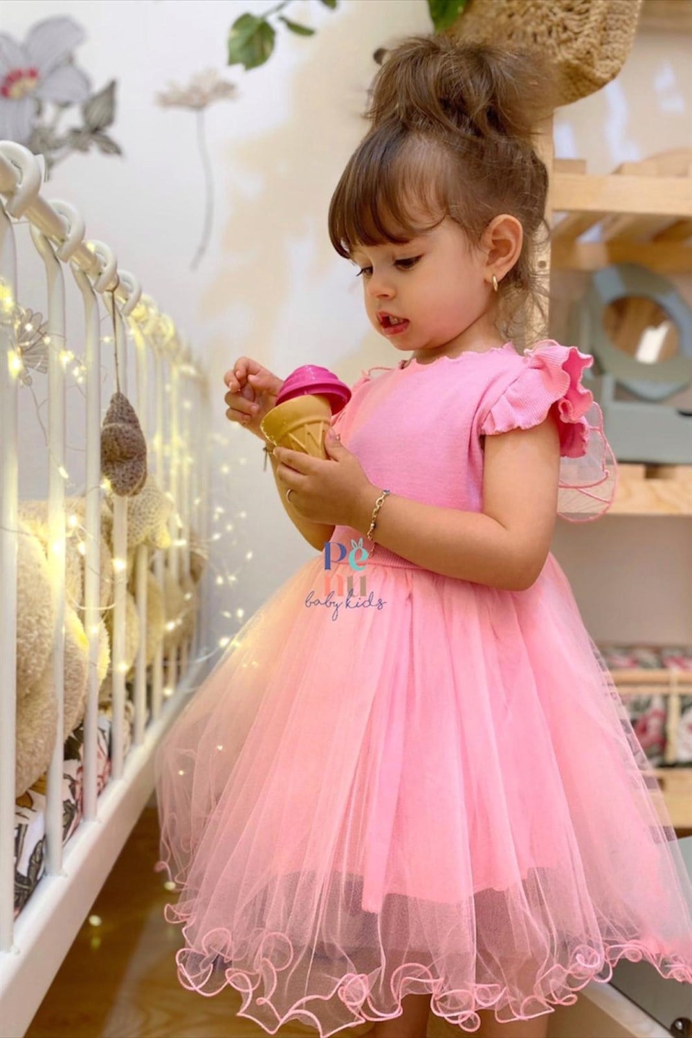 Pembe Renkli Kelebek Kanatlı Tütü Elbise - Butterfly