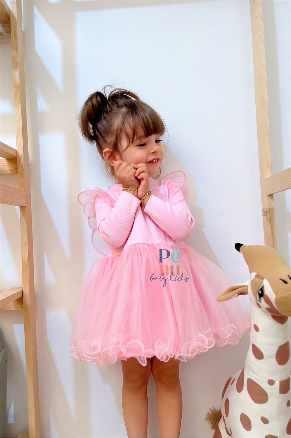 Pembe Uzun Kollu Kelebek Kanatlı Elbise - Butterfly