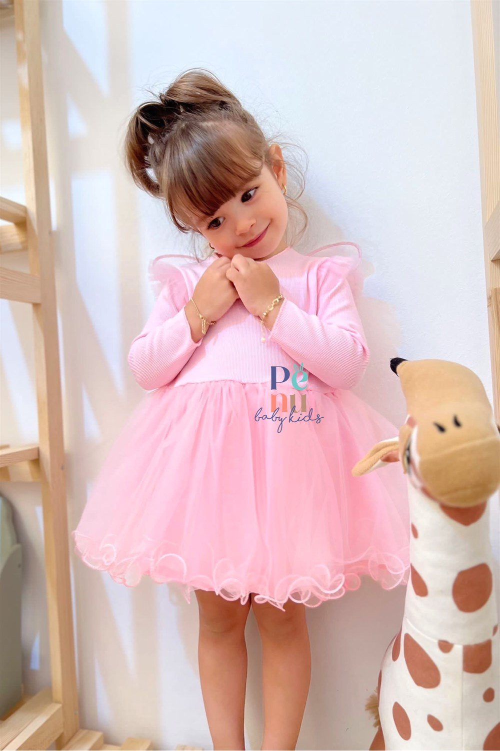 Pembe Uzun Kollu Kelebek Kanatlı Elbise - Butterfly