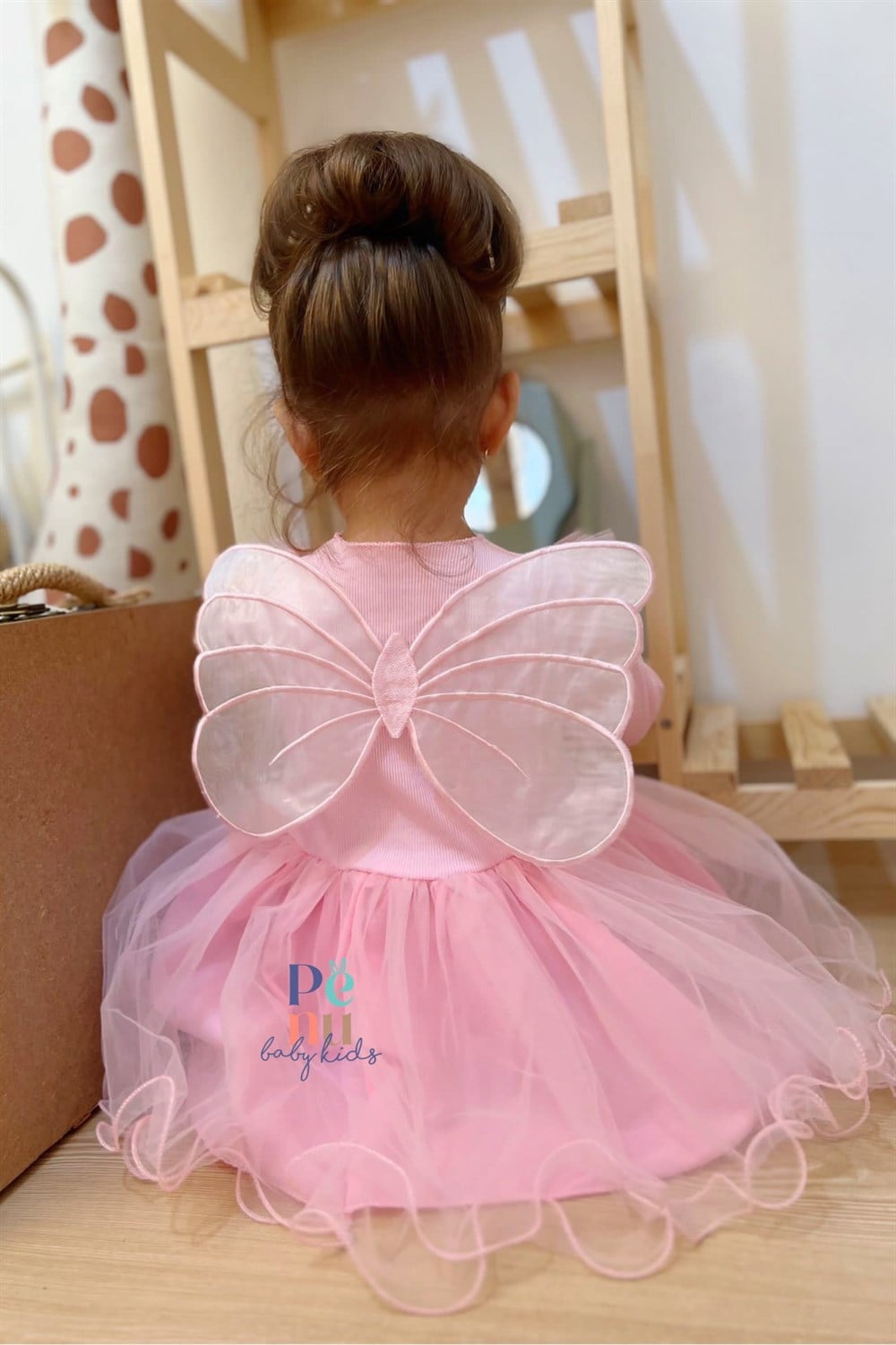 Pembe Uzun Kollu Kelebek Kanatlı Elbise - Butterfly