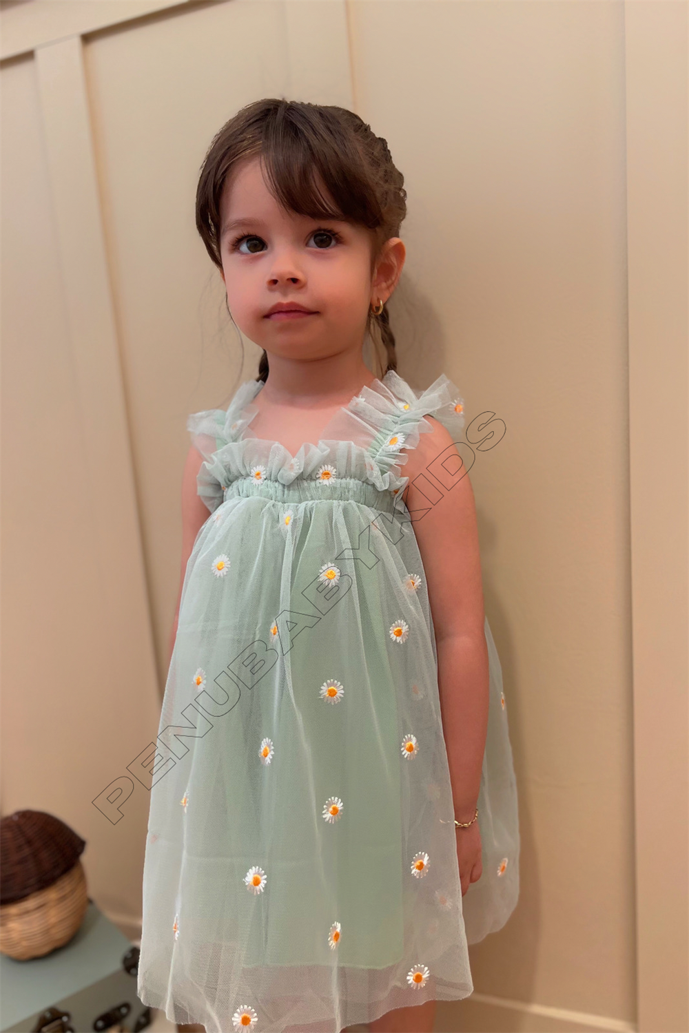 Yeşil Papatya İşlemeli Askılı Kız Bebek Elbise - Daisy