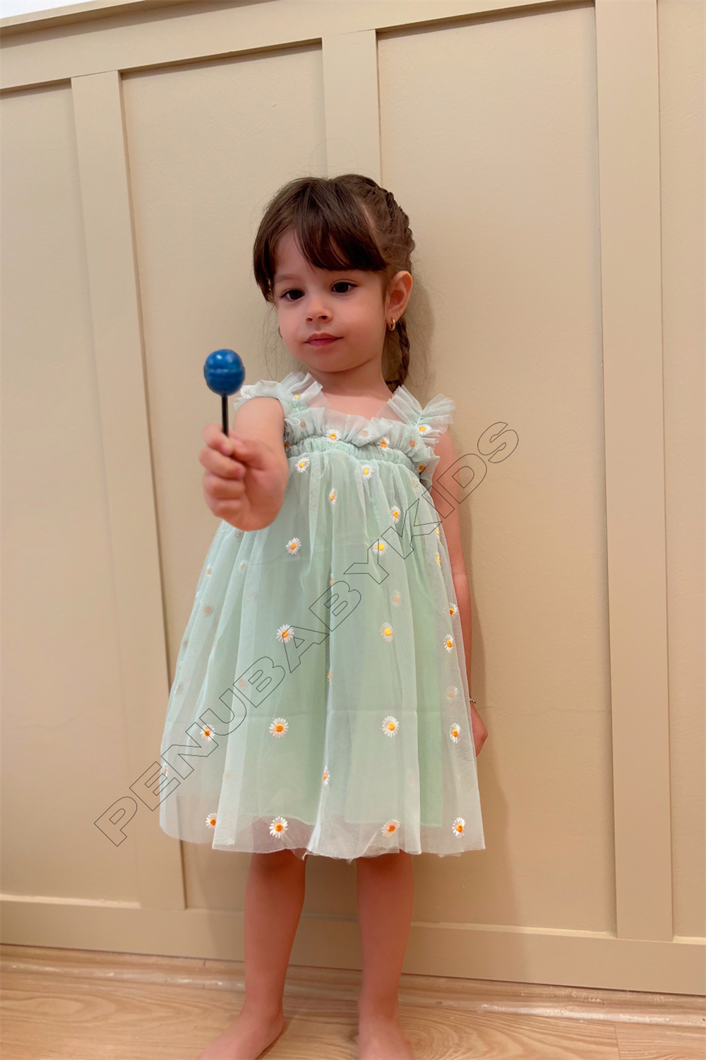 Yeşil Papatya İşlemeli Askılı Kız Bebek Elbise - Daisy