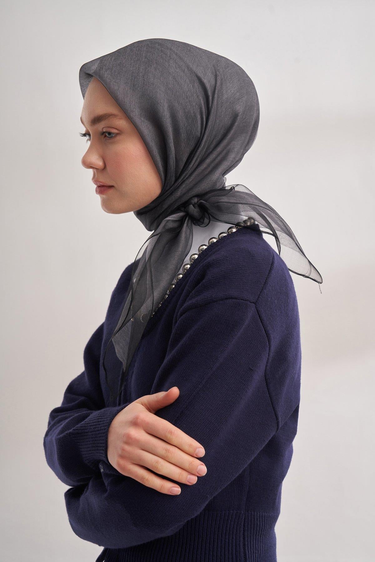 Armanda Çift Katlı Tül Eşarp 0017E-Siyah Füme