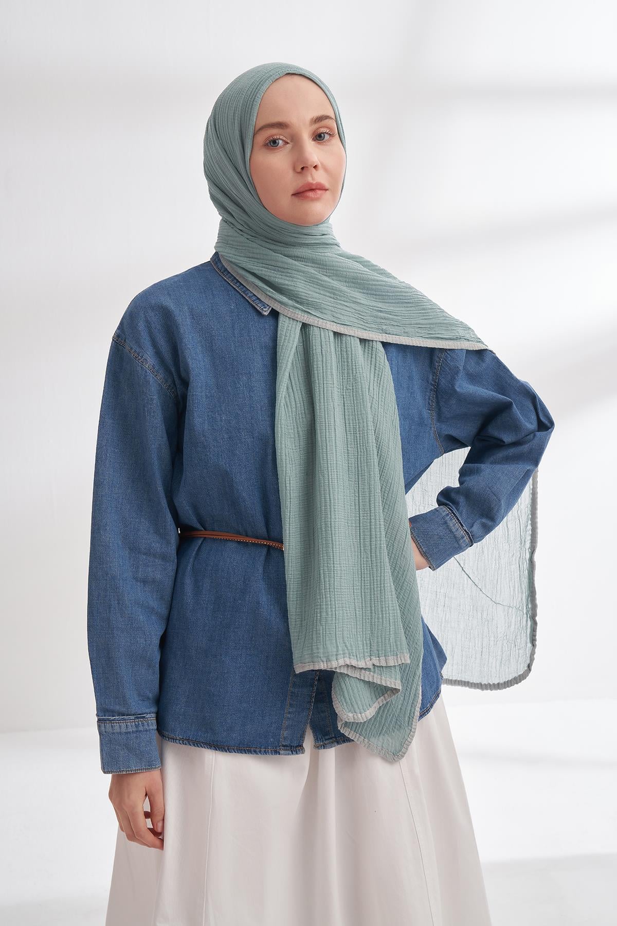 Armanda Müslin Biyeli Şal 3352-Mint Yeşili