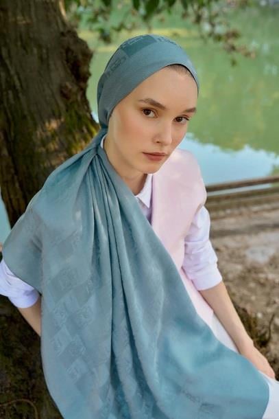 Ed Scarf Welness Dama Monogram Desen Şal 01092025-Mavi