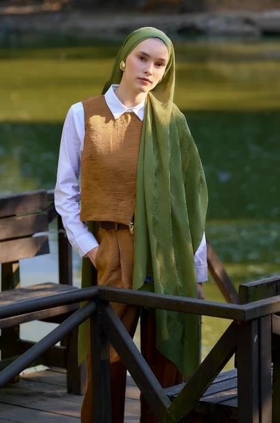 Ed Scarf Welness Dama Monogram Desen Şal 01092025-Yeşil