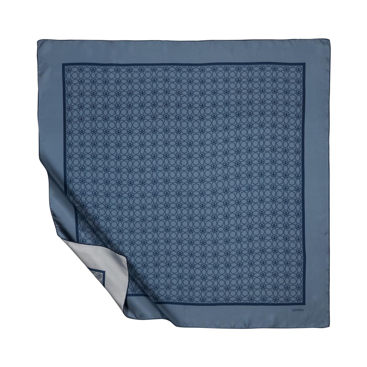 İpekevi Mini Seljuk Monogram Eşarp 01123-Metalik Mavi