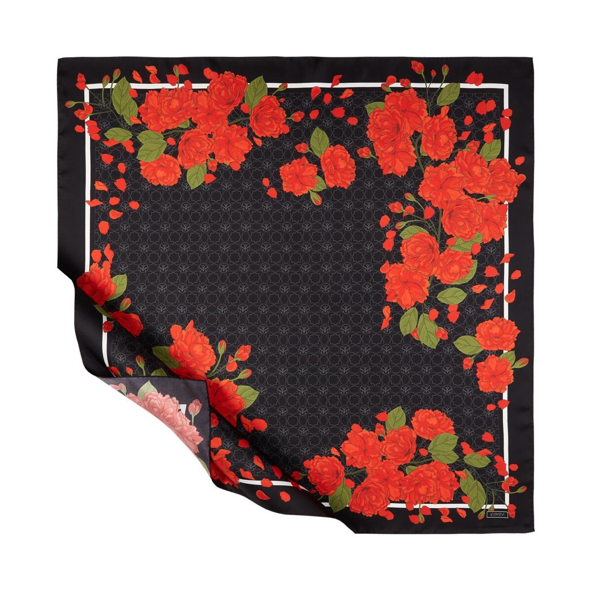 İpekevi Sakura Monogram Desenli Tivil İpek Eşarp 01198-Siyah