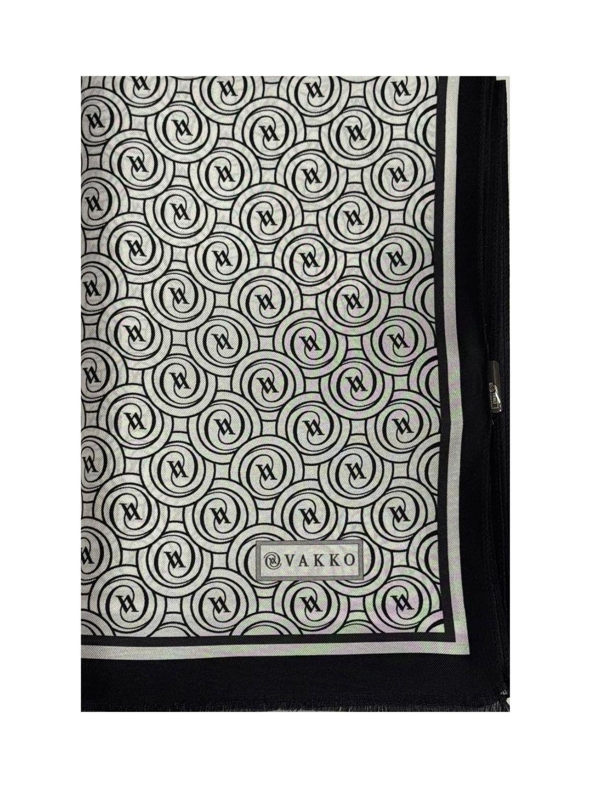 Vakko Tivil Monogram İpek Şal 41407-Beyaz Siyah