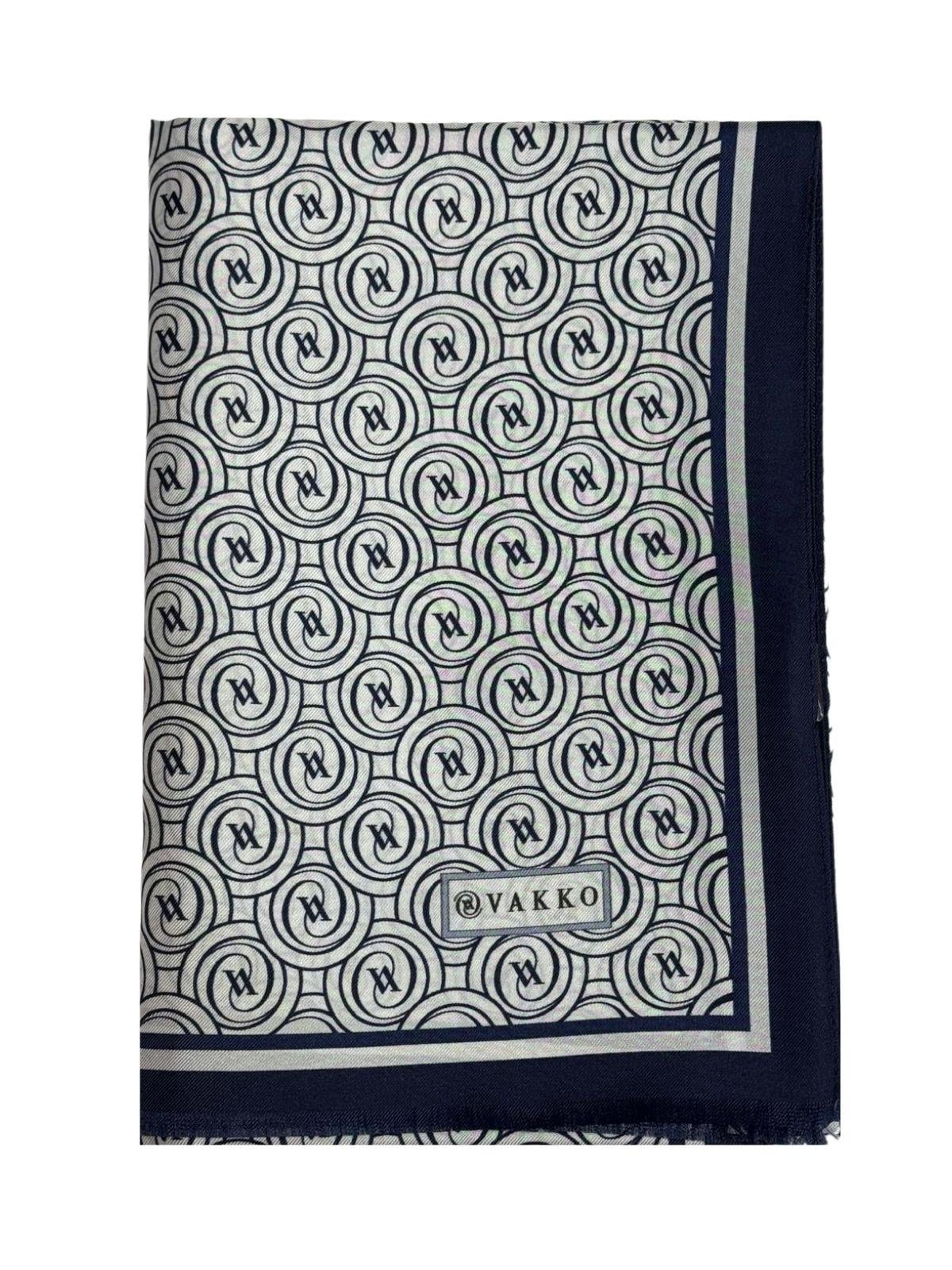 Vakko Tivil Monogram İpek Şal 41407-Beyaz Lacivert