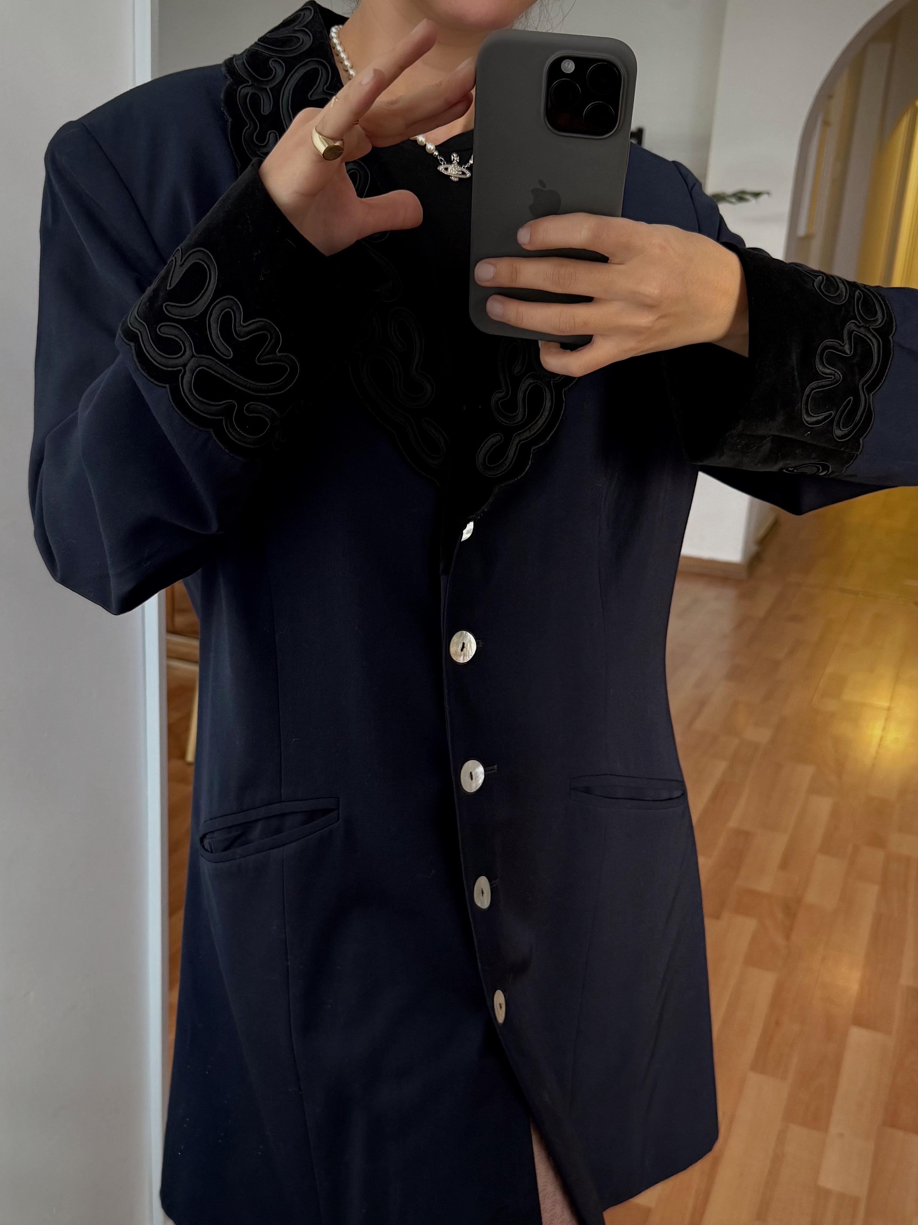 Lacivert Nakışlı Blazer