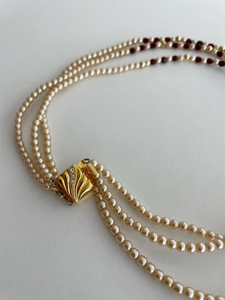Vintage İncili Gold Klipsli Kolye