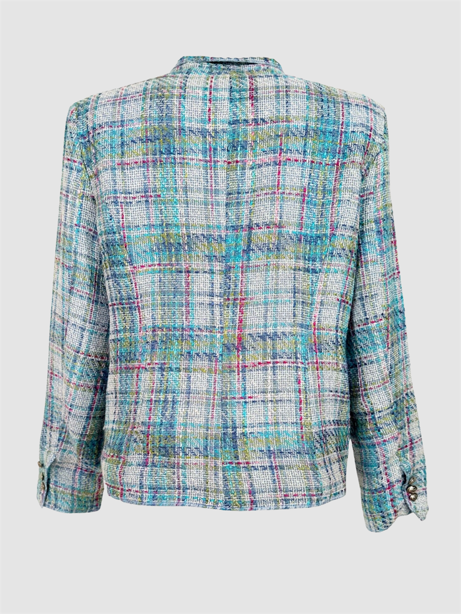 Vintage Mavi Ekose Tüvit Blazer Ceket
