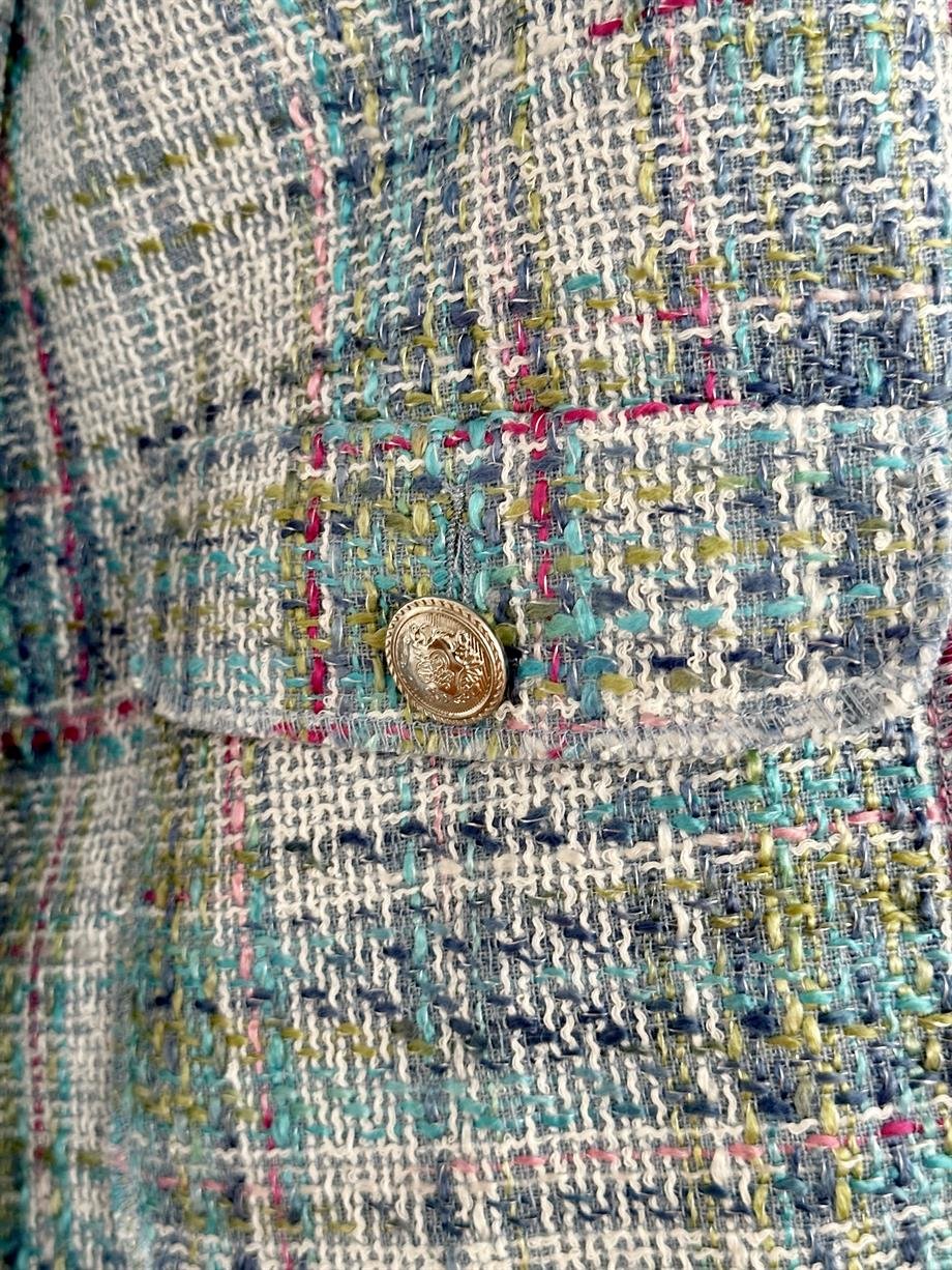 Vintage Mavi Ekose Tüvit Blazer Ceket