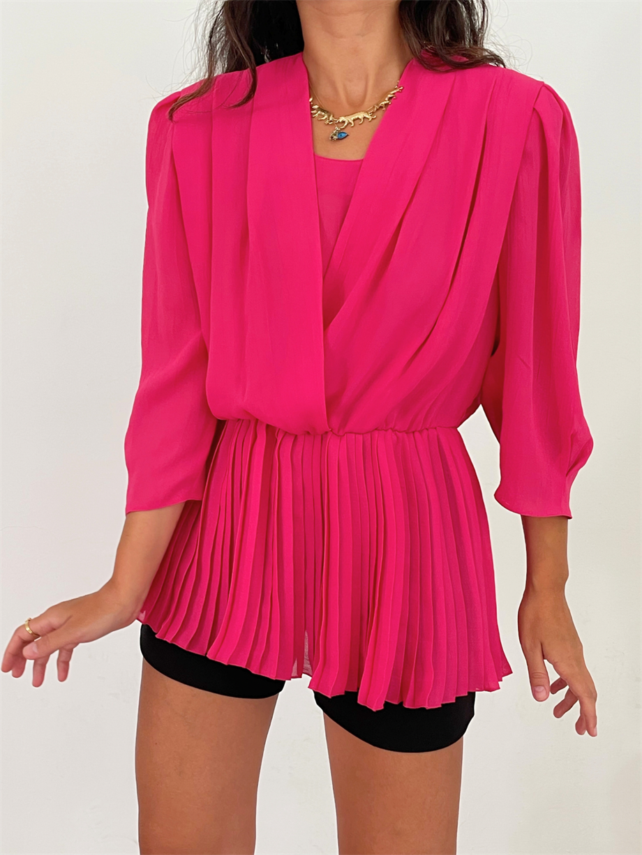 Vintage Pilise Peplumlu Şifon Bluz