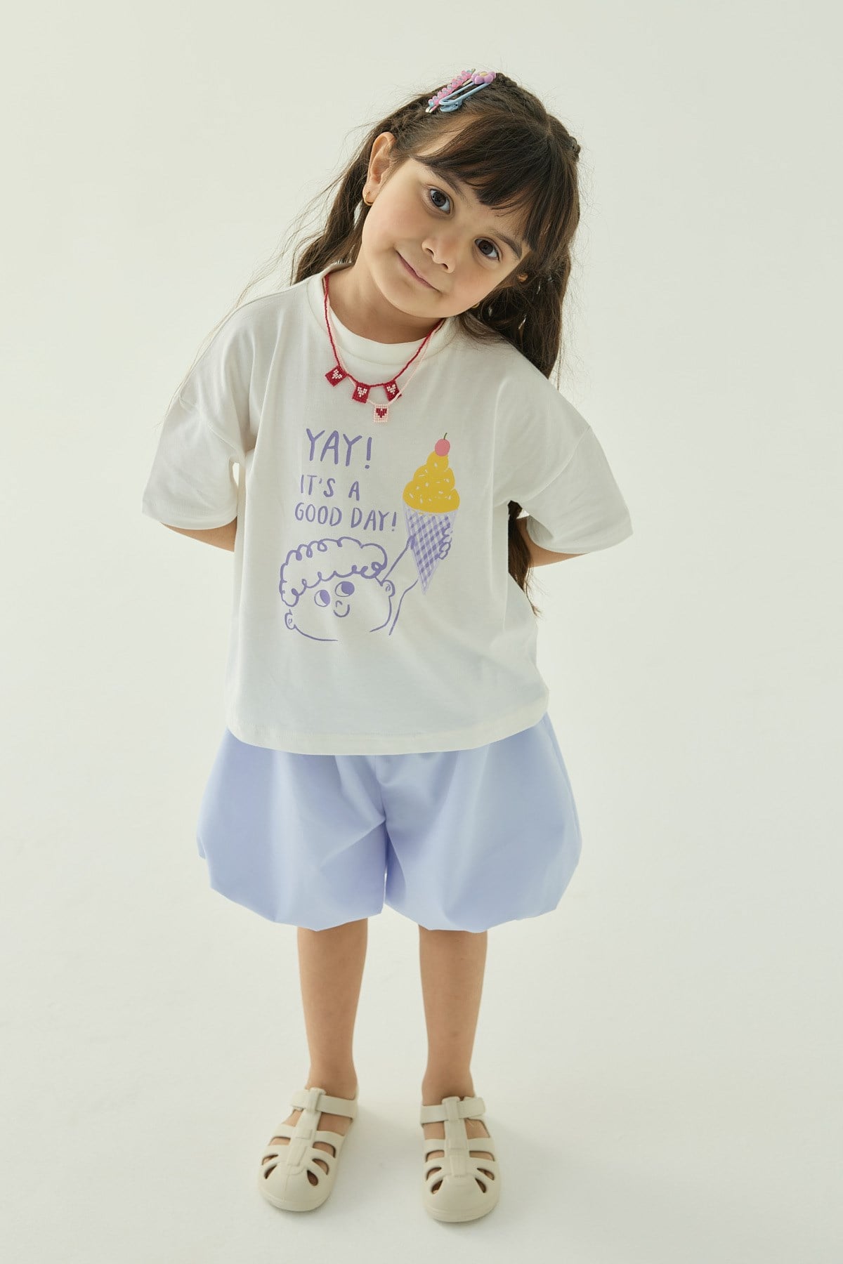 Podo Ekru Oversize Baskılı Tshirt - good day