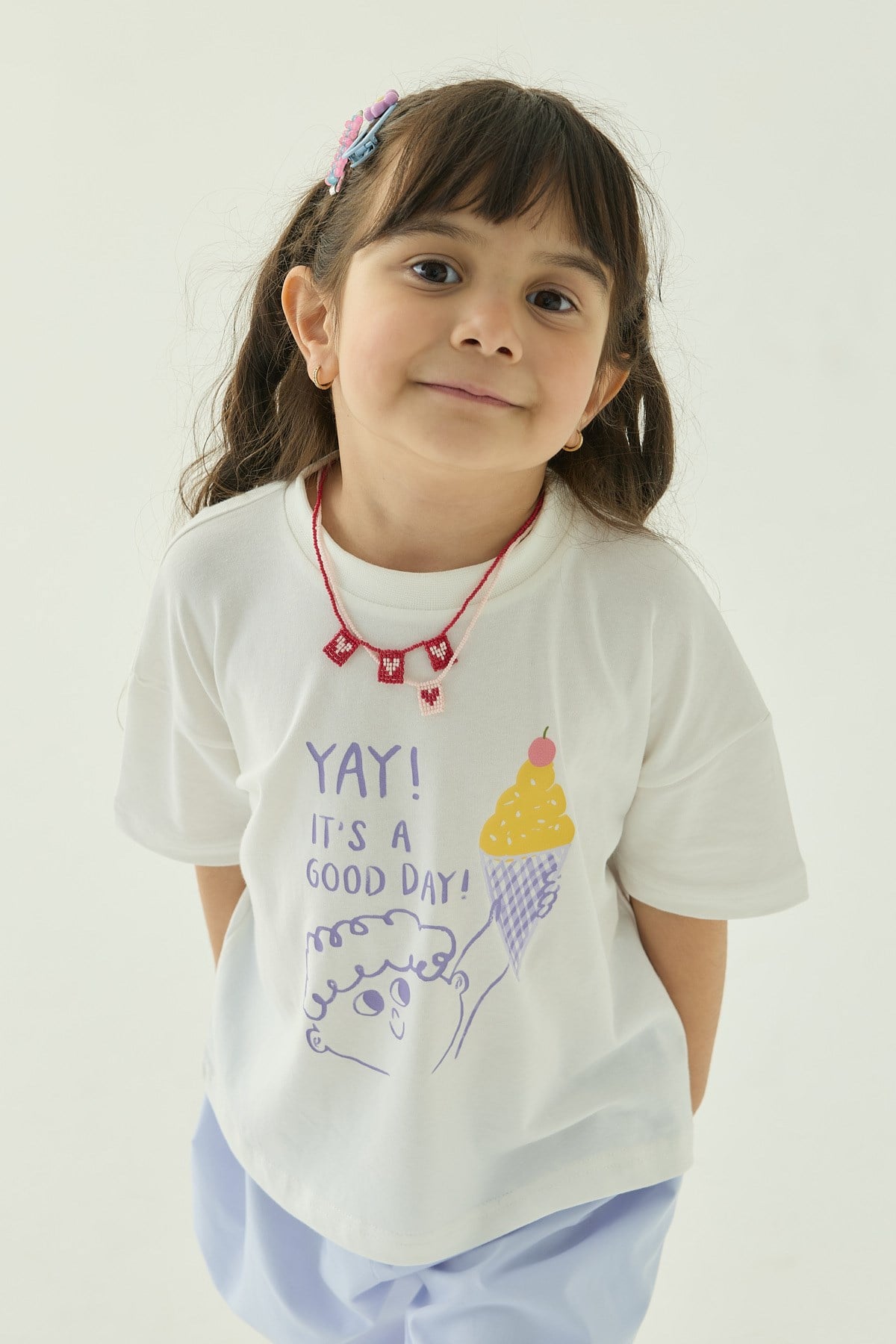 Podo Ekru Oversize Baskılı Tshirt - good day