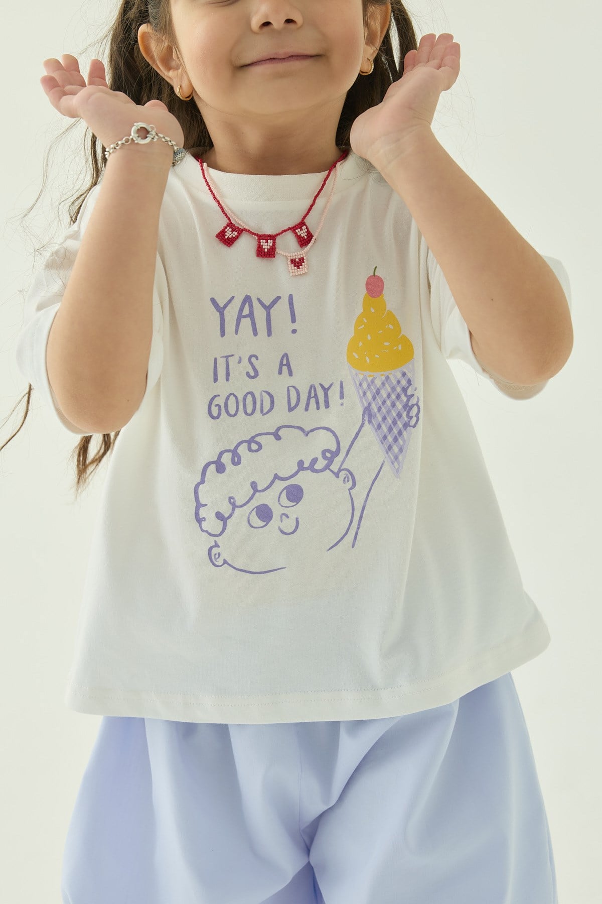 Podo Ekru Oversize Baskılı Tshirt - good day