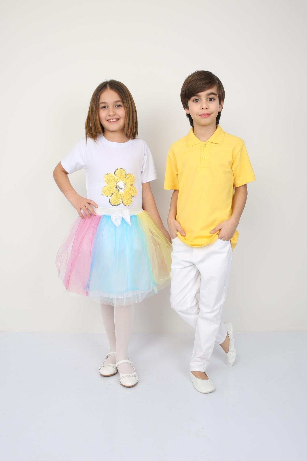 23 Nisan Kız Çocuk Çiçekli T-shirt Renkli Tütü Etek Kombin Erkek Çocuk Gömlek Pantolon Takım Gösteri Kıyafetleri