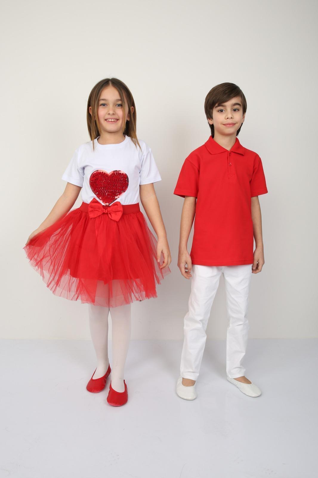 23 Nisan Kız Çocuk Kalpli T-shirt Kırmızı Tütü Etek Kombin Erkek Çocuk Polo Yaka Turkuaz Pantolon Takım Gösteri Kıyafetleri