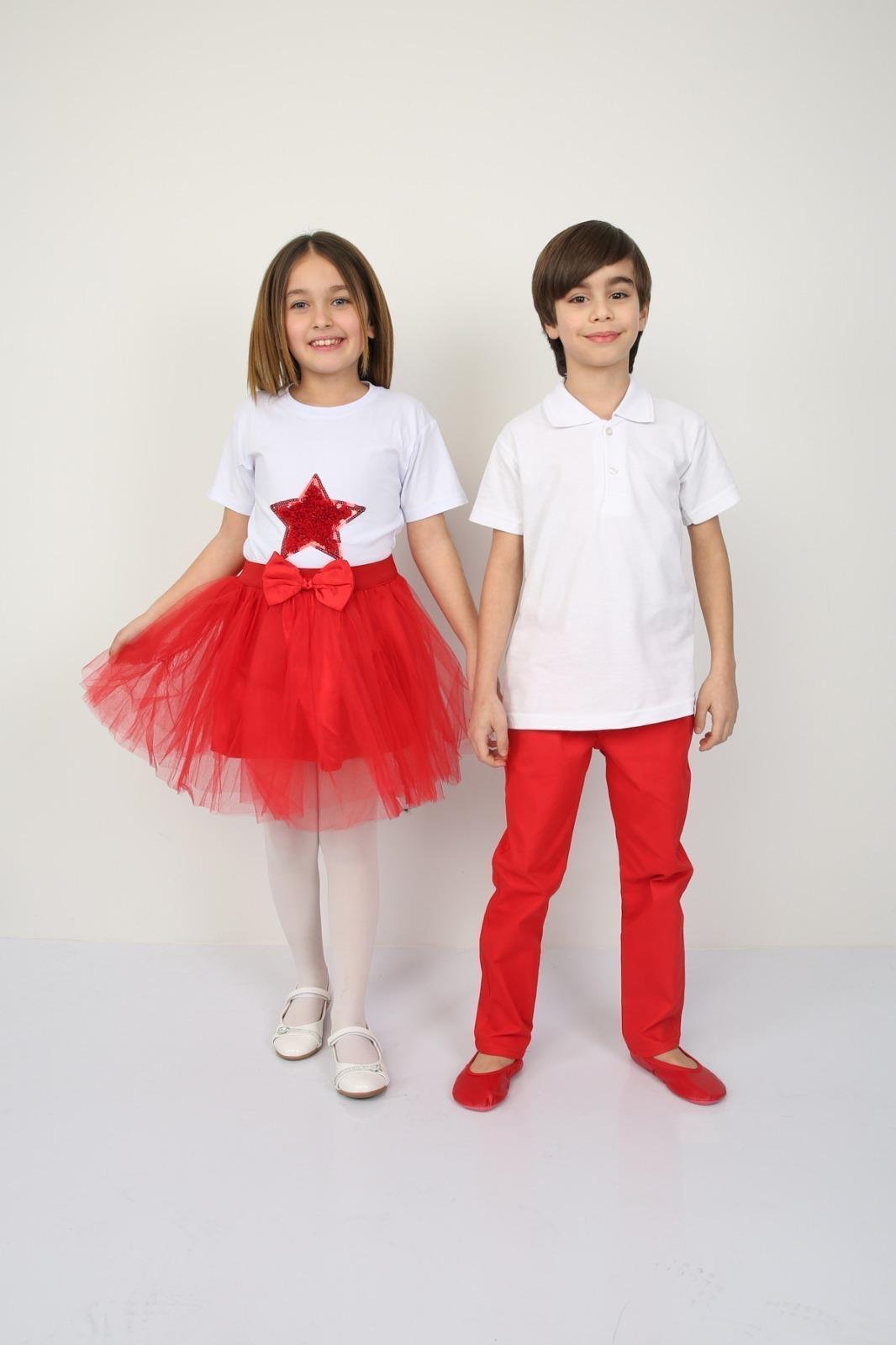 23 Nisan Kız Çocuk T-shirt Kırmızı Tütü Etek Kombin Erkek Çocuk Polo Yaka Pantolon Takım Gösteri Kıyafetleri