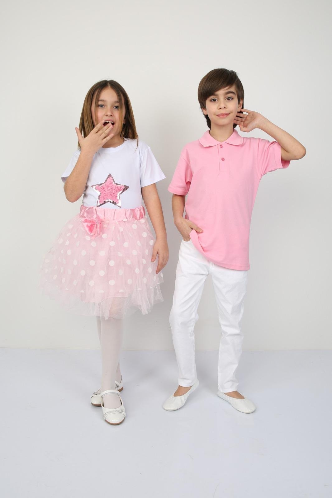 23 Nisan Kız Çocuk T-shirt Pembe Puantiyeli Tütü Etek Kombin Erkek Çocuk Polo Yaka Pantolon Takım Gösteri Kıyafetleri