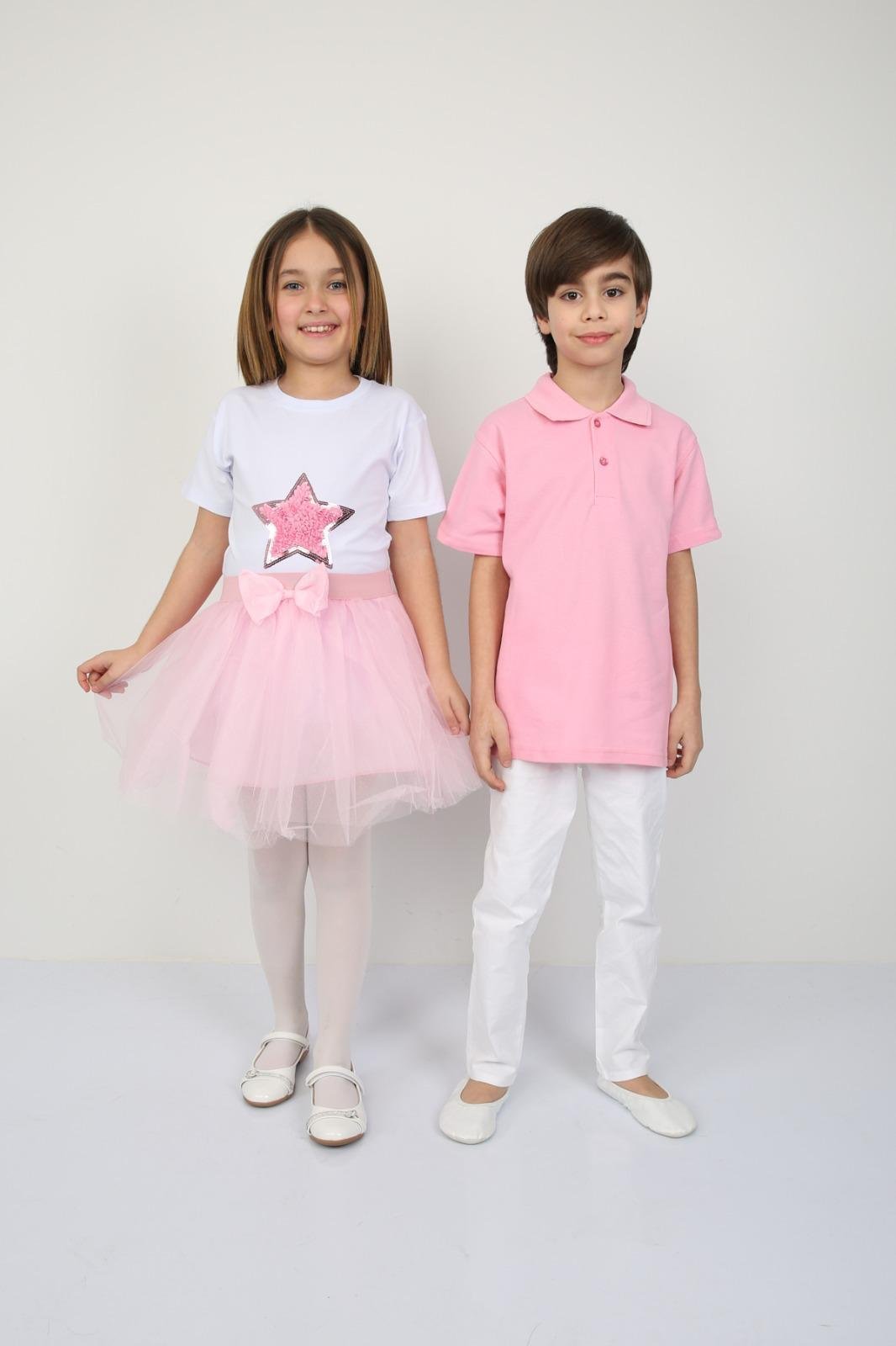 23 Nisan Kız Çocuk T-shirt Pembe Tütü Etek Kombin Erkek Çocuk Polo Yaka Pantolon Takım Gösteri Kıyafetleri