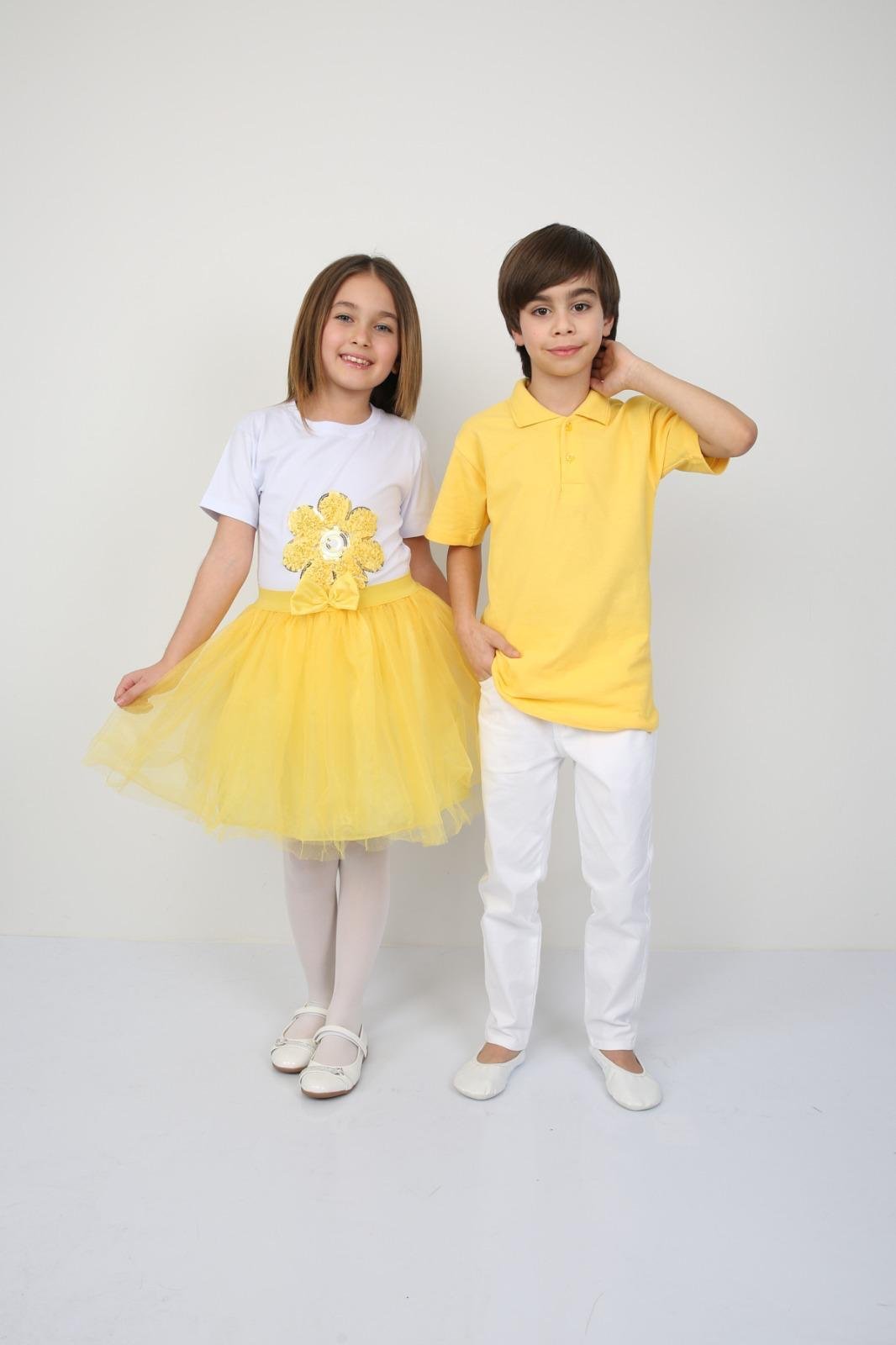 23 Nisan Kız Çocuk T-shirt Sarı Tütü Etek Kombin Erkek Çocuk Polo Yaka Beyaz Pantolon Takım Gösteri Kıyafetleri