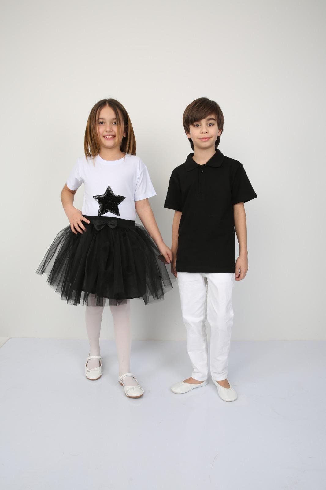 23 Nisan Kız Çocuk T-shirt Siyah Tütü Etek Kombin Erkek Çocuk Polo Yaka Pantolon Takım Gösteri Kıyafetleri