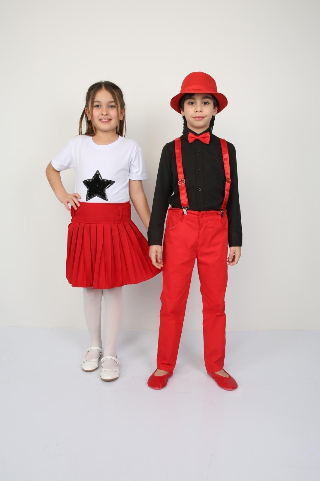 23 Nisan Kız Çocuk Yıldızlı T-shirt Kırmızı Pileli Etek Kombin Erkek Çocuk Gömlek Pantolon Takım Gösteri Kıyafetleri