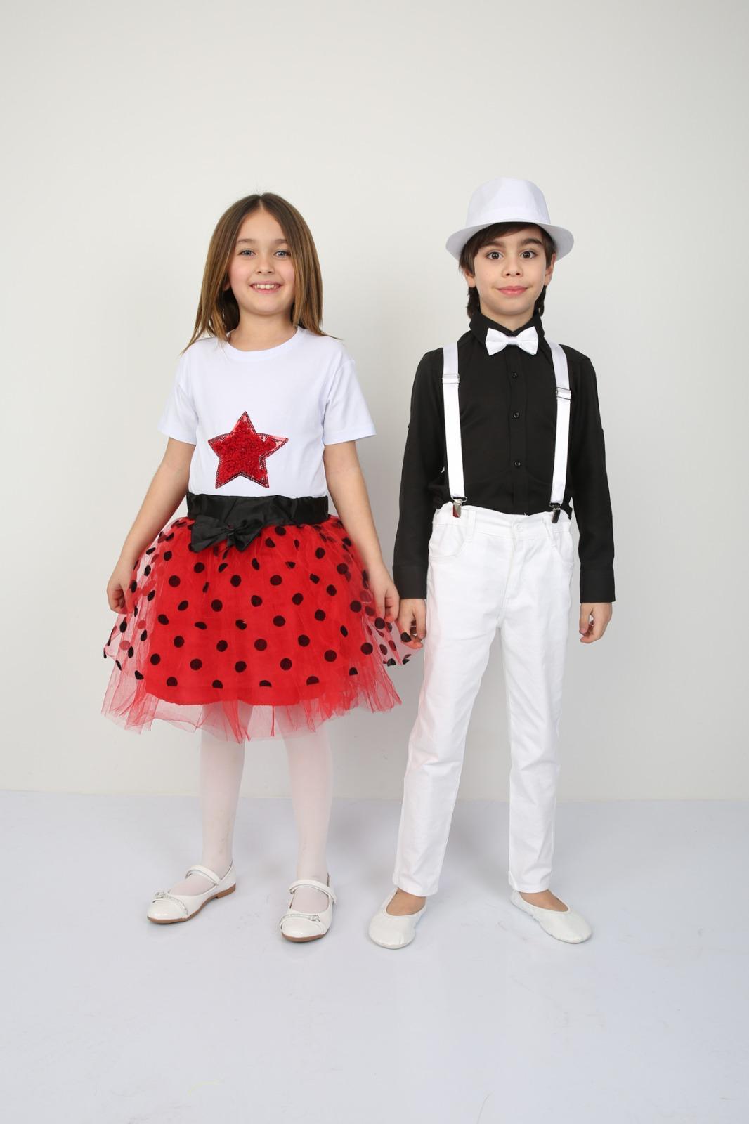 23 Nisan Kız Çocuk Yıldızlı T-shirt Kırmızı Beyaz Puantiyeli Tütü Etek Kombin Erkek Çocuk Gömlek Pantolon Takım Gösteri Kıyafetleri