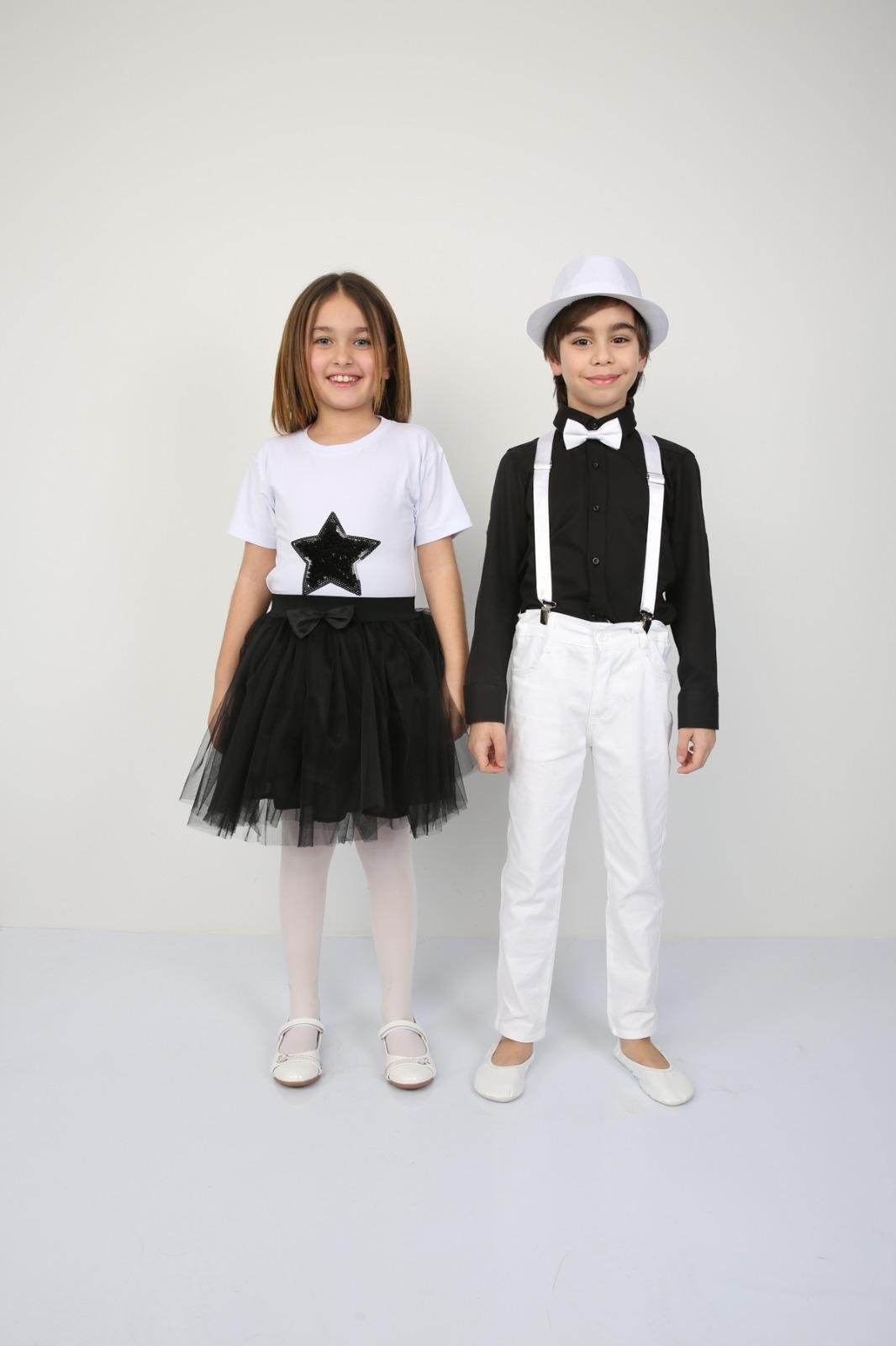 23 Nisan Kız Çocuk Yıldızlı T-shirt Siyah Tütü Etek Kombin Erkek Çocuk Gömlek Pantolon Takım Gösteri Kıyafetleri