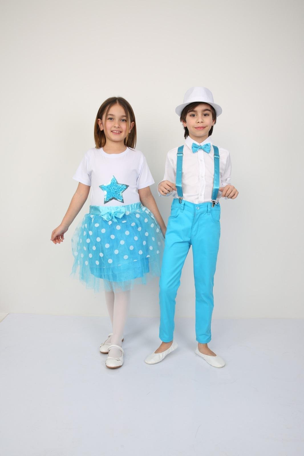 23 Nisan Kız Çocuk Yıldızlı T-shirt Turkuaz Tütü Etek Kombin Erkek Çocuk Gömlek Pantolon Takım Gösteri Kıyafetleri