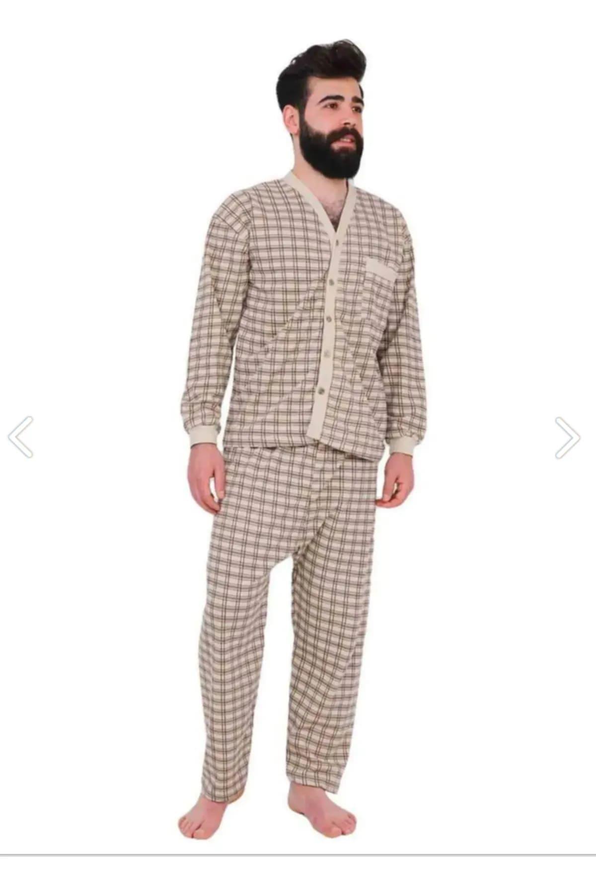 Erkek Baba Önü Düğmeli Desenli Rahat Kesim Pijama Takım