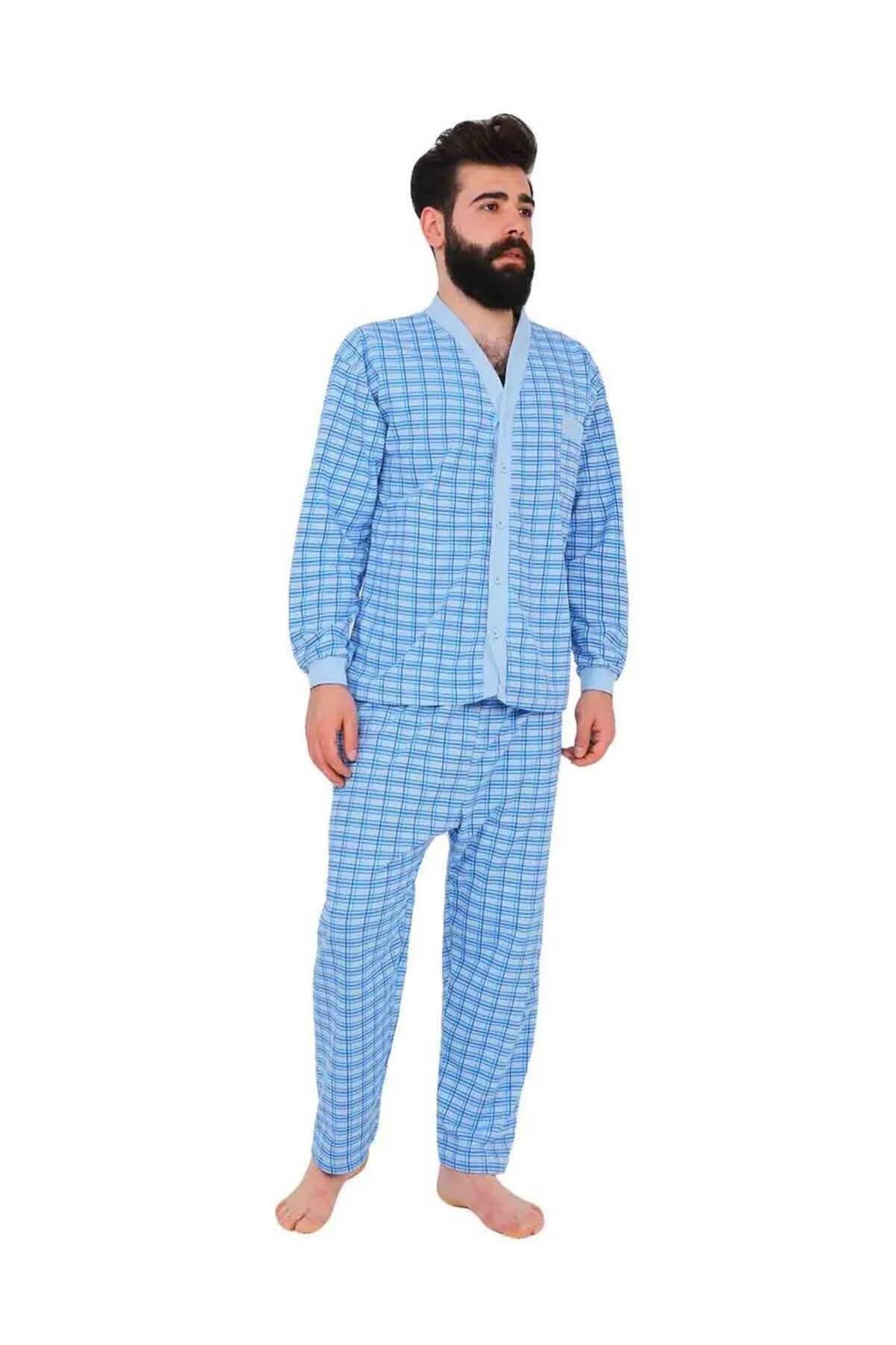 Erkek Baba Önü Düğmeli Desenli Rahat Kesim Pijama Takım