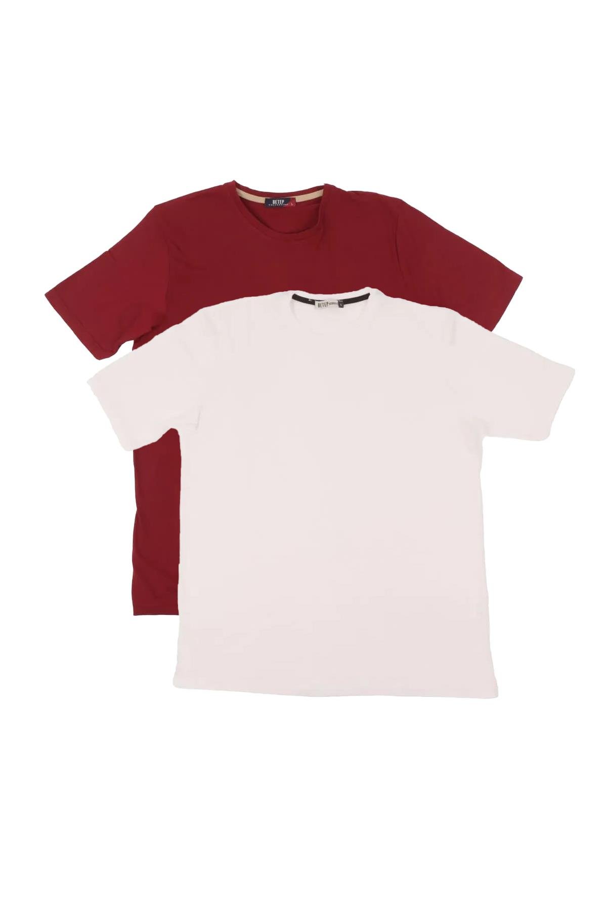 Erkek Bisiklet Yaka Kısa Kol Comfort Basic 2li Bordo Beyaz Tişört
