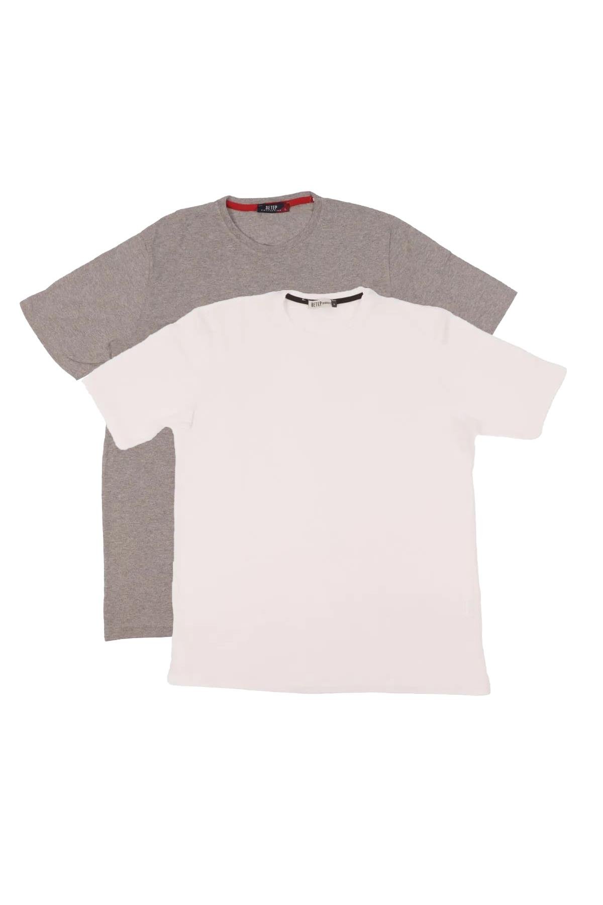 Erkek Bisiklet Yaka Kısa Kol Comfort Basic 2li Gri Beyaz Tişört